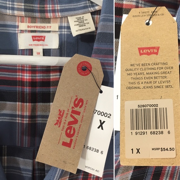 LEVI'S Button Plaid Shirt Boyfriend Fit Plus Blue - Picture 7 of 8